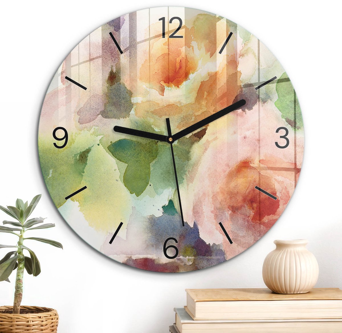 ArtPrintCave Groene Glazen Klok - Wandklok 30 cm - Muurklok Rond - Een Bloemenmeesterwerk Stille Wandklok - Kunst Wandklok Keuken - Zwarte Klokwijzers
