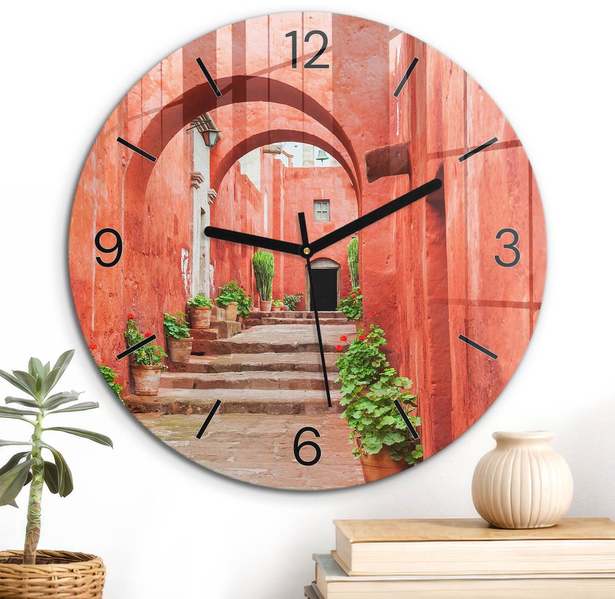 ArtPrintCave Rood Glazen Klok - Wandklok 30 cm - Muurklok Rond - Rustiek Stadje Wandklok Keuken - Natuur Unieke Klok - Zwarte Klokwijzers