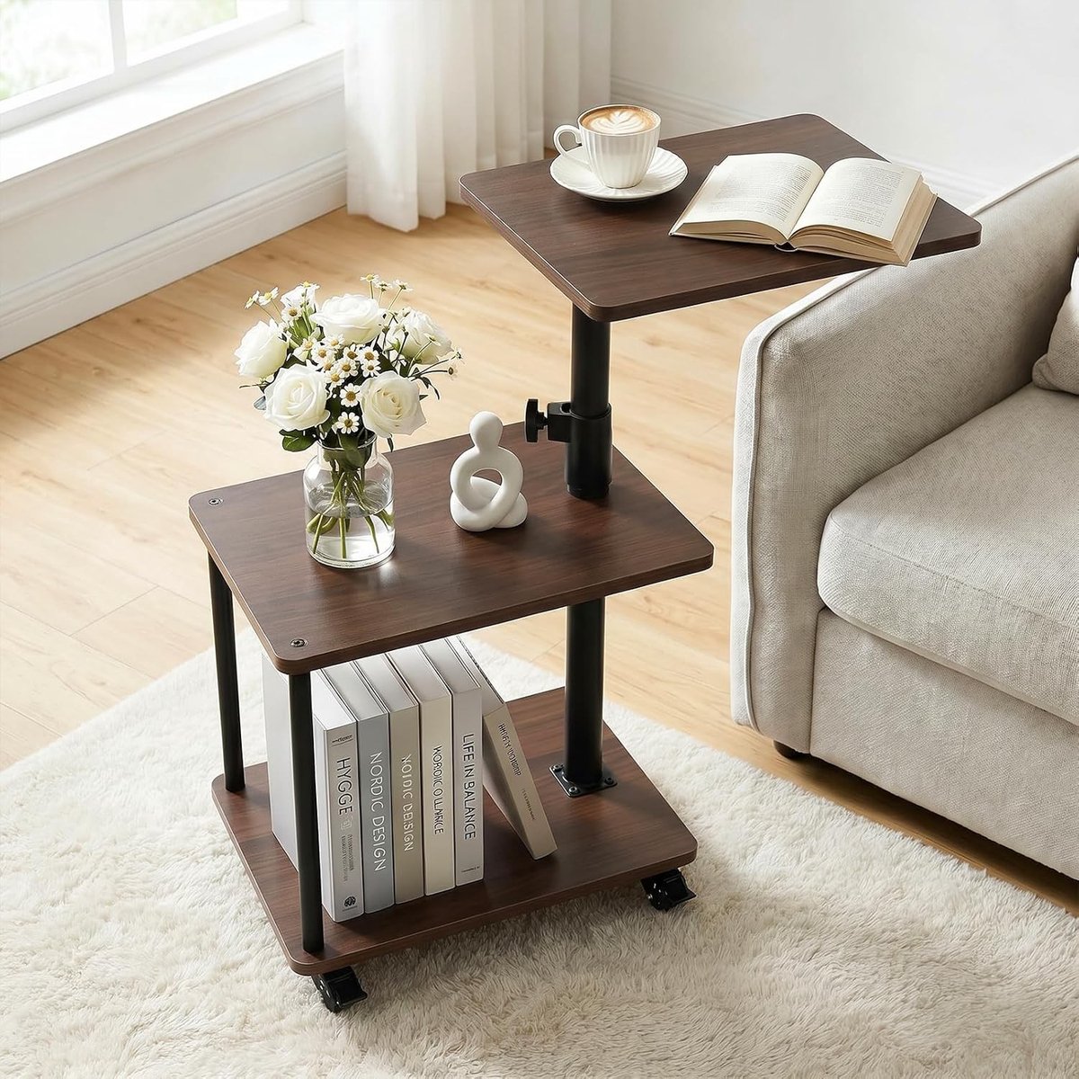 Vellaro Bijzettafel verstelbaar - Samengesteld hout - 47 tot 71 cm hoog - 3-laags mobiele bijzettafel met wielen - Voor woonkamer en slaapkamer
