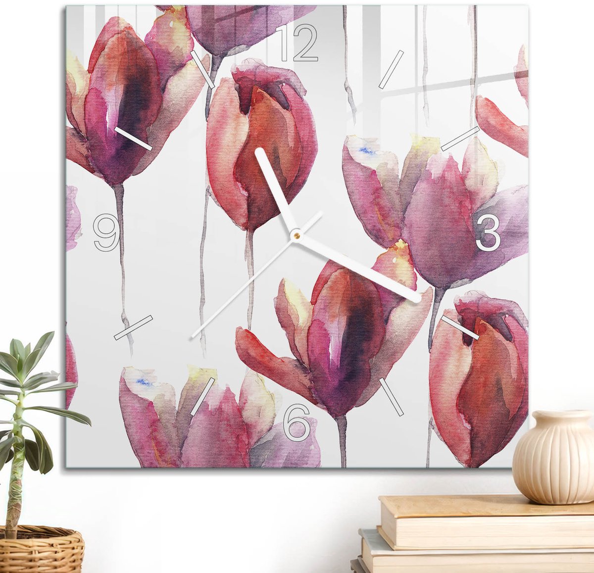 ArtPrintCave Rood Glazen Klok - 30x30 cm - Wandklok Vierkant - Aquarel Bloemen Unieke Klok - Kunst Stille Wandklok - Witte Klokwijzers