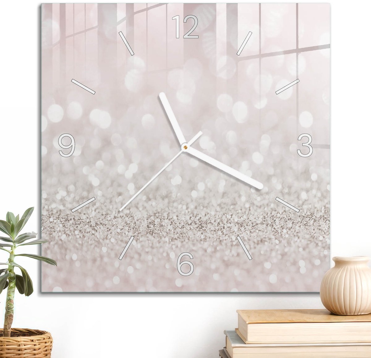 ArtPrintCave Roze Glazen Klok - 30x30 cm - Wandklok Vierkant - Romantische Gloed Unieke Klok - Abstractie Stille Wandklok - Witte Klokwijzers