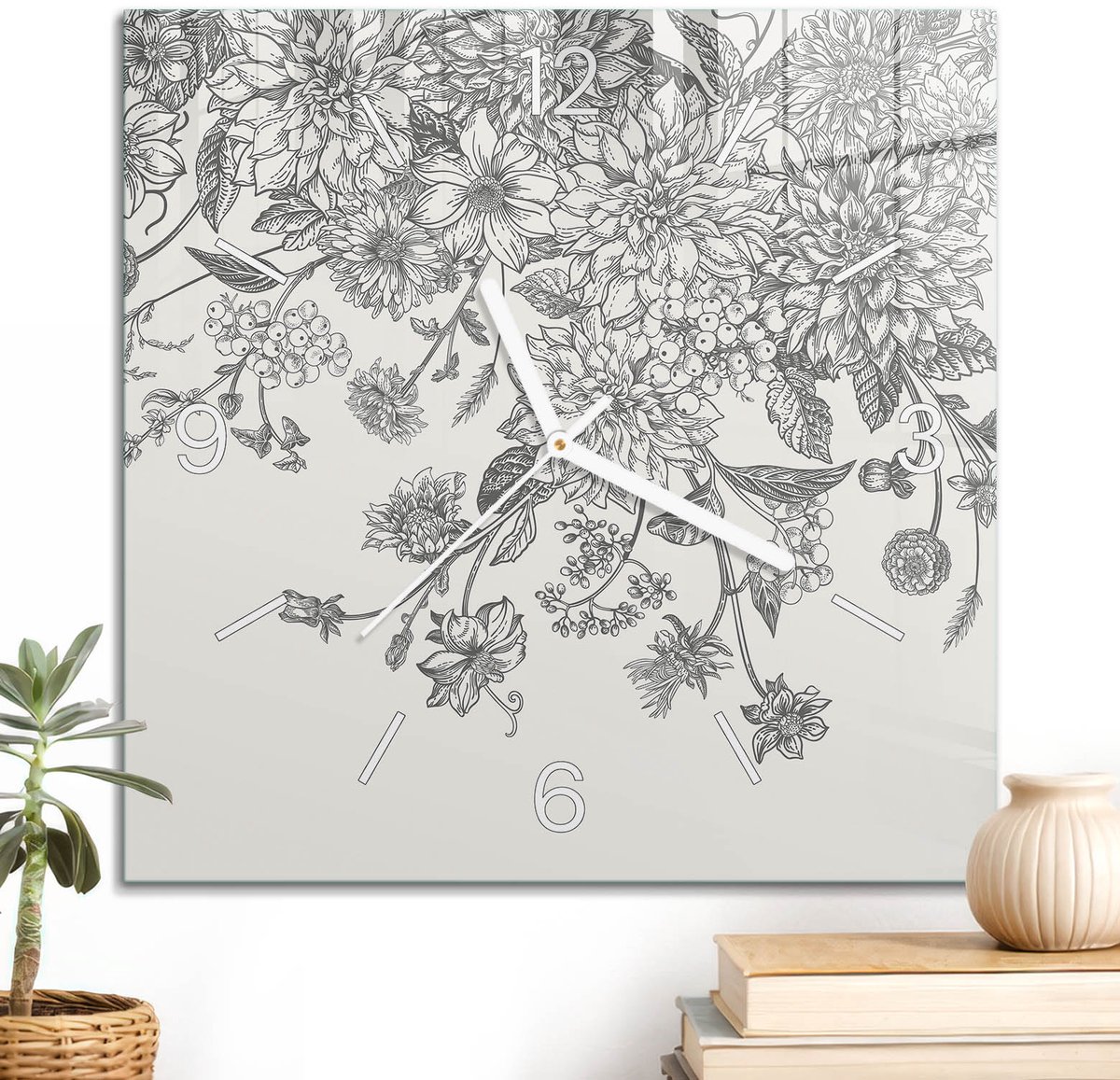 ArtPrintCave Zwart Glazen Klok - 30x30 cm - Wandklok Vierkant - Bloemenpatroon Unieke Klok - Kunst Stille Wandklok - Witte Klokwijzers