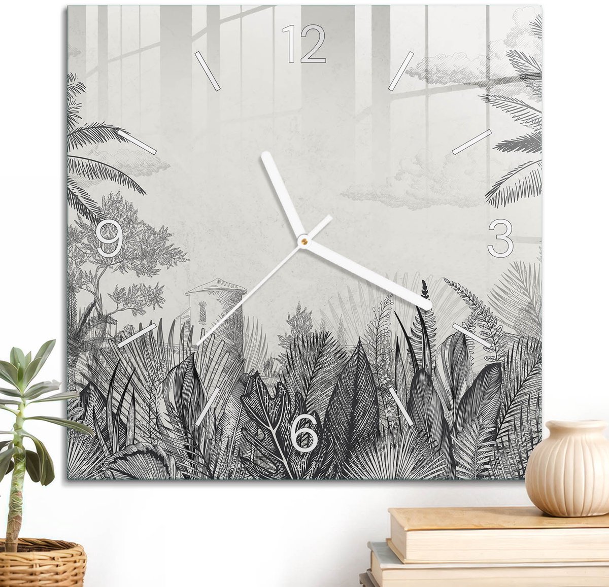 ArtPrintCave Wit Glazen Klok - 30x30 cm - Wandklok Vierkant - Exotisch Landschap Unieke Klok - Natuur Stille Wandklok - Witte Klokwijzers