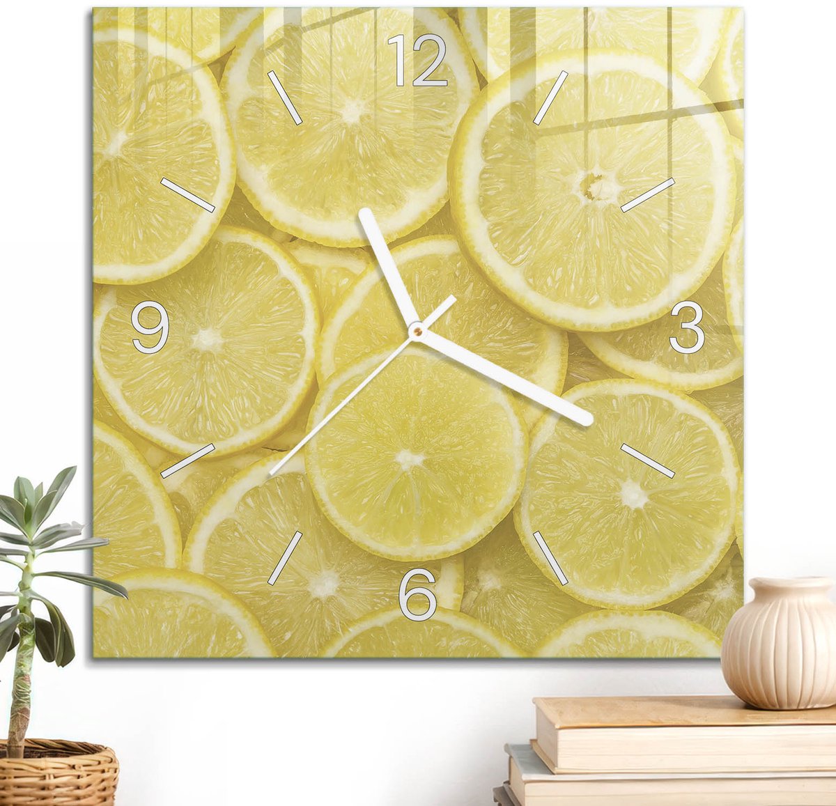 ArtPrintCave Geel Glazen Klok - 30x30 cm - Wandklok Vierkant - Sappige Energie Unieke Klok - Texturen Stille Wandklok - Witte Klokwijzers