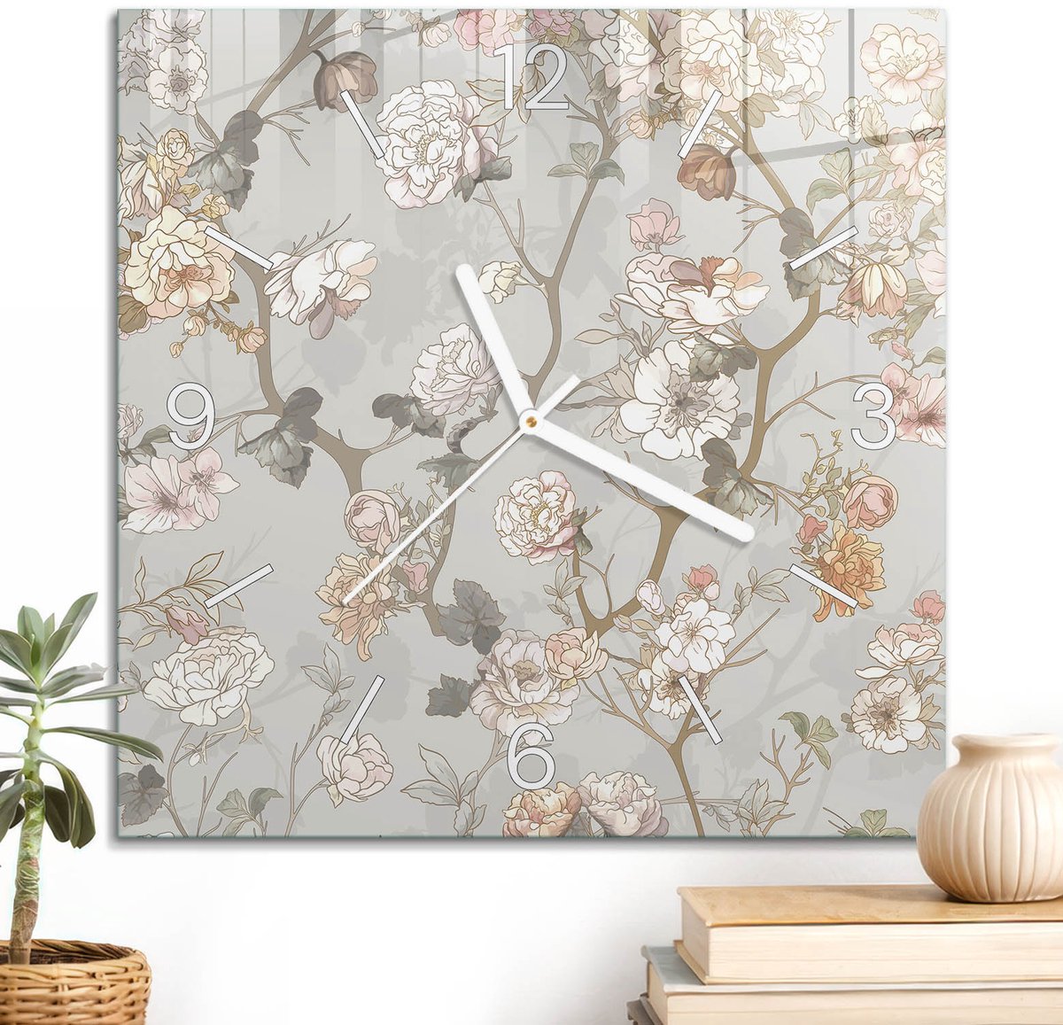 ArtPrintCave Grijs Glazen Klok - 30x30 cm - Wandklok Vierkant - Vintage Bloemen Unieke Klok - Kunst Stille Wandklok - Witte Klokwijzers