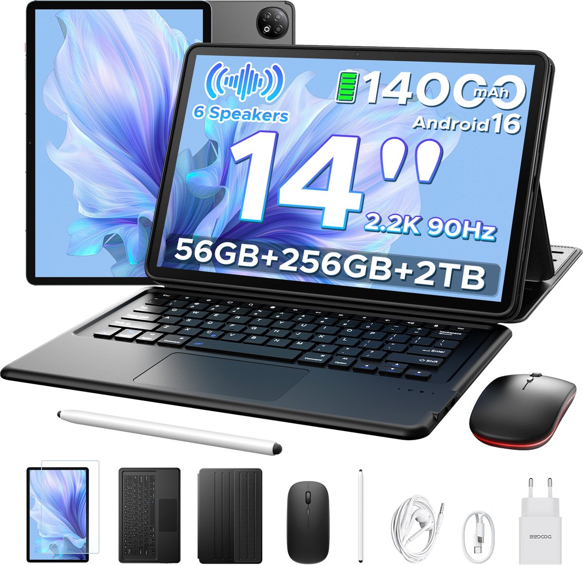 DOOGEE U14 VIP- Tablet - 56 GB RAM (6+50 GB) + 256 ROM (2TB/TF) - GAMINI AI - 14 inch 2.2K+90 Hz - 14000 mAh/33W - 6 Speaker -Android 16 -RK3576S AI- inclusief muis - Stylus - toetsenbord- Beschermhoes - Schermbeschermer - Zwart