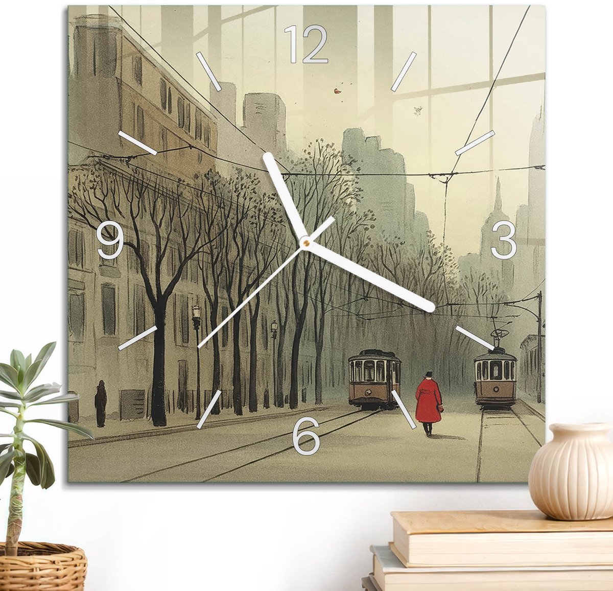 ArtPrintCave Beige Glazen Klok - 30x30 cm - Wandklok Vierkant - Stedelijke Vrede Stille Wandklok - Architectuur Wandklok Keuken - Witte Klokwijzers
