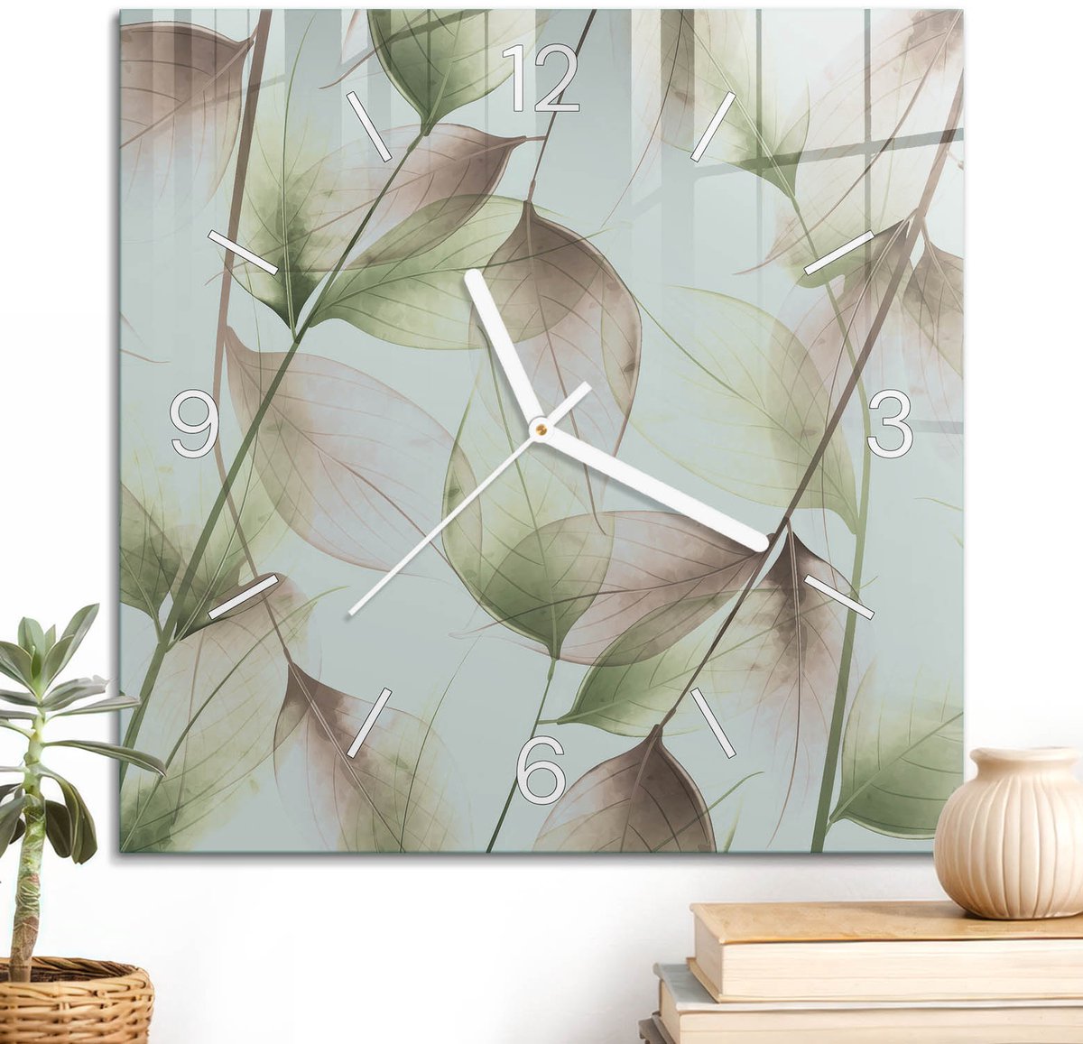 ArtPrintCave Beige Glazen Klok - 30x30 cm - Wandklok Vierkant - Plantmotief Unieke Klok - Achtergronden En Patronen Stille Wandklok - Witte Klokwijzers