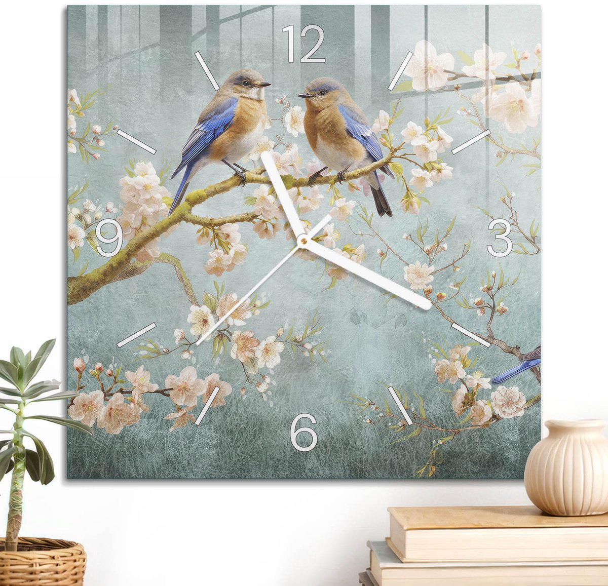 ArtPrintCave Turkoois Glazen Klok - 30x30 cm - Wandklok Vierkant - Lente Harmonie Unieke Klok - Dieren Stille Wandklok - Witte Klokwijzers