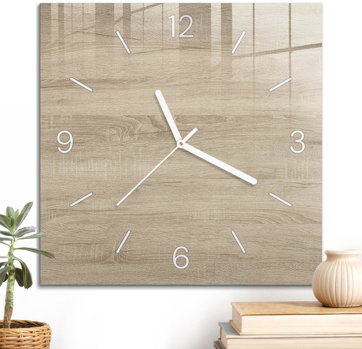 ArtPrintCave Beige Glazen Klok - 30x30 cm - Wandklok Vierkant - Houtstructuur Stille Wandklok - Achtergronden En Patronen Wandklok Keuken - Witte Klokwijzers