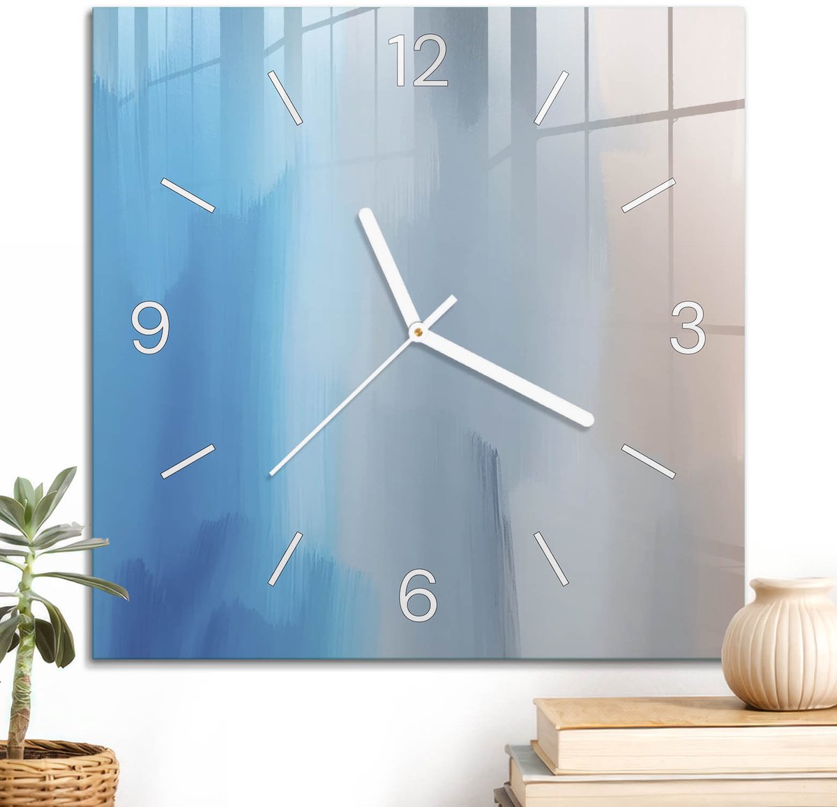 ArtPrintCave Blauw Glazen Klok - 30x30 cm - Wandklok Vierkant - Pastel Abstracties Wandklok Keuken - Kunst Unieke Klok - Witte Klokwijzers