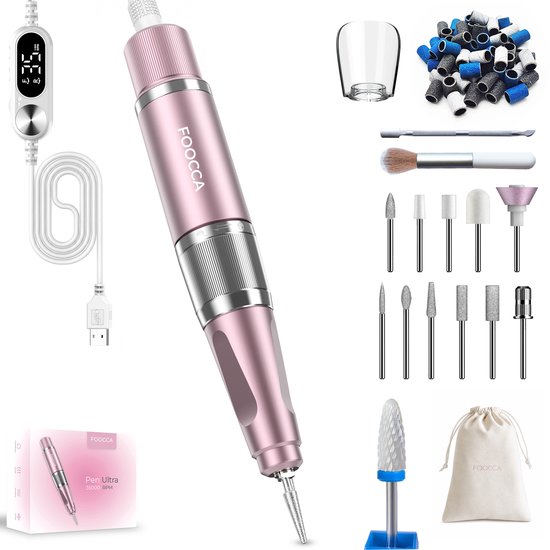 Roze nagelfrees met USB-kabel, LCD-bedieningspaneel en set met diverse bitjes.