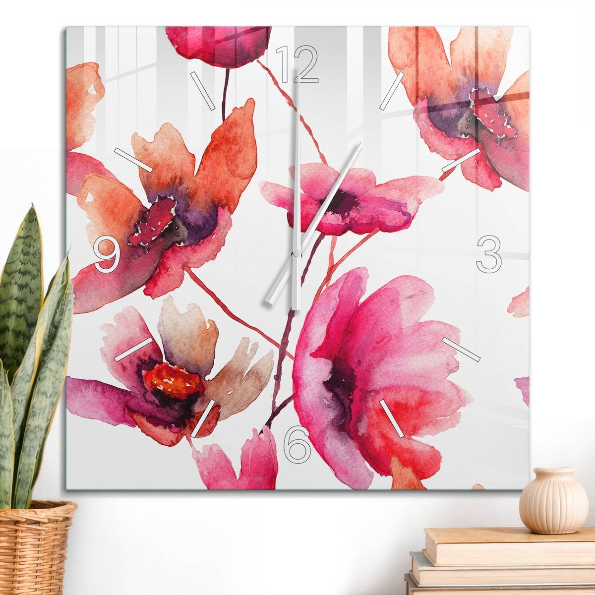 ArtPrintCave Rood Glazen Klok - 60x60 cm - Wandklok Vierkant - Bloemenpatroon Wandklok Keuken - Kunst Unieke Klok - Witte Klokwijzers