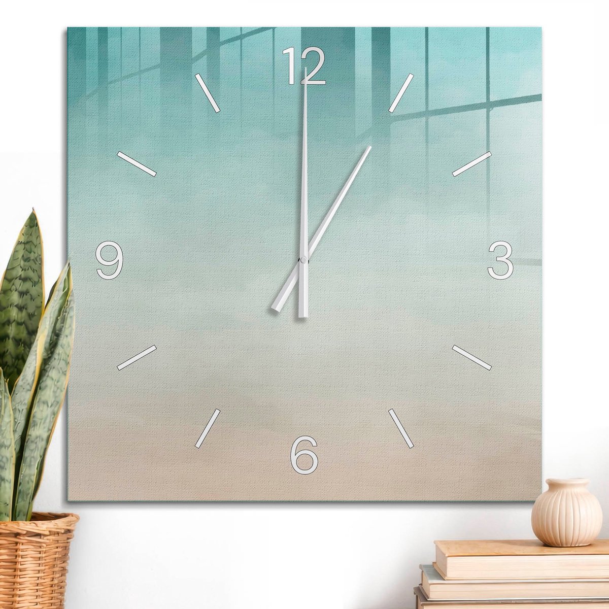 ArtPrintCave Turkoois Glazen Klok - 60x60 cm - Wandklok Vierkant - Pastelkleurige Overgang Unieke Klok - Abstractie Stille Wandklok - Witte Klokwijzers