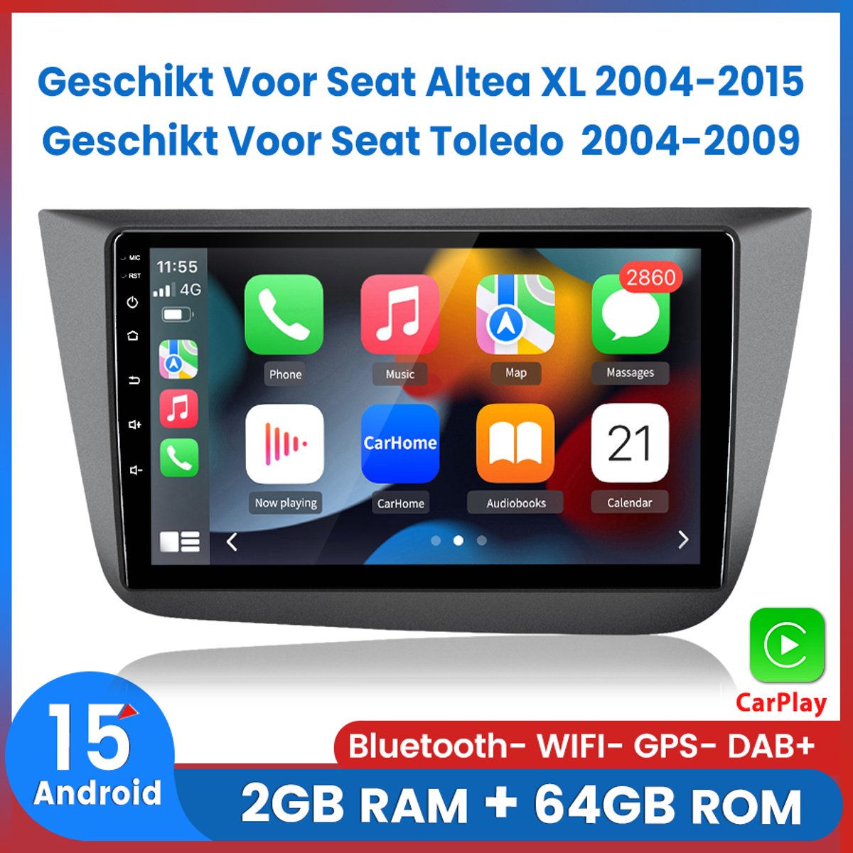 Awesafe Autoradio - Geschikt Voor Seat Altea XL 2004 t/m 2015 / Geschikt Voor Seat Toledo 2004 t/m 2009 - Android 15.0 Systeem - Draadloos Apple Carplay & Android Auto - Ram 2GB + Rom 64GB - 4 Core processor - Bluetooth & Wifi GPS Navigatie