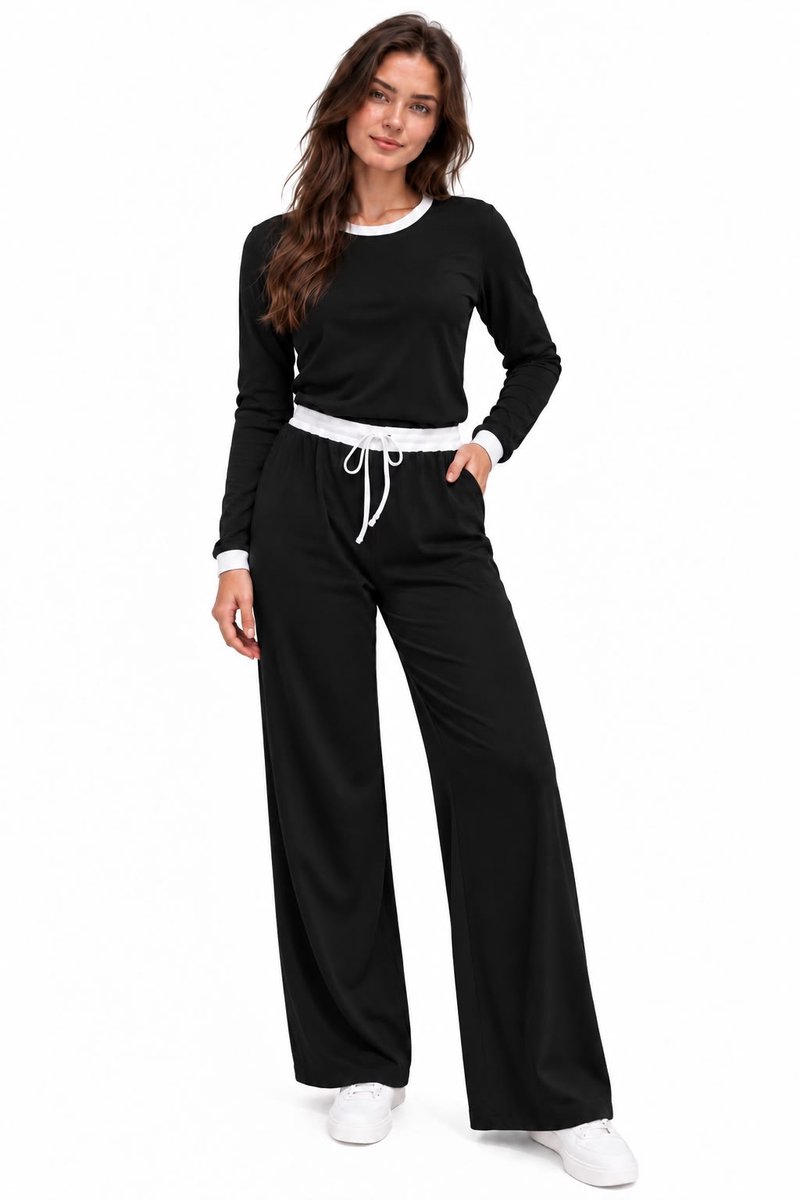 Dames Rib Fluffy Lounge Set-Vrijetijdspak-Huispak-S(36)-NGHP-W26004 Zwart