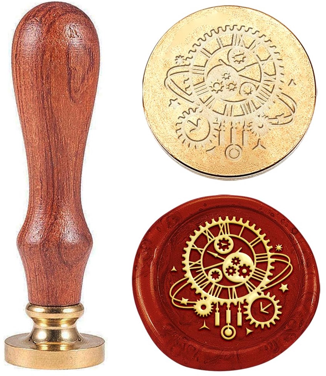 1 stuks vintage waszegelstempel met klok en tandwielen, zegelwasstempel, 25 mm, afneembare messing stempelkop met houten handvat voor enveloppen, uitnodigingen, versieringen, flesdecoratie