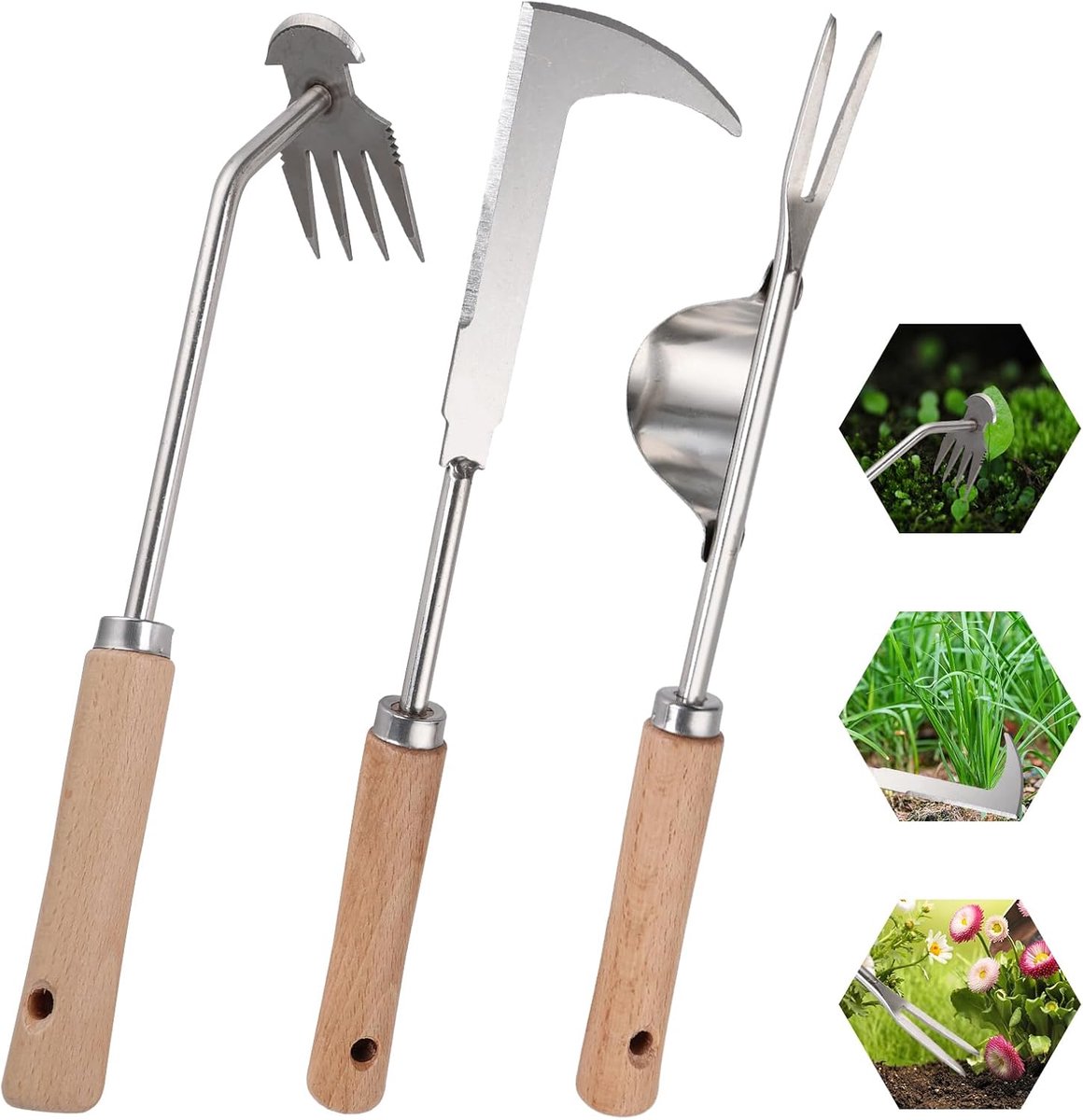 3-pack handonkruidgereedschap met houten handvat, draagbaar onkruidverwijderaar, verdikt roestvrijstalen tuingereedschap, eenvoudige opslag, planten en wieden voor tuin, terras, achtertuin