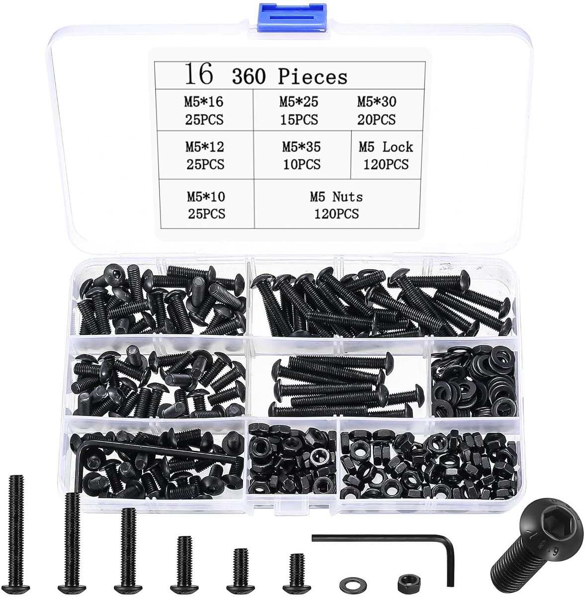 360 stuks M5 schroevenset, ronde kop inbusschroeven moeren set, machineschroeven assortiment, zwarte schroeven en moeren sets, draadschroevensets met sluitringen