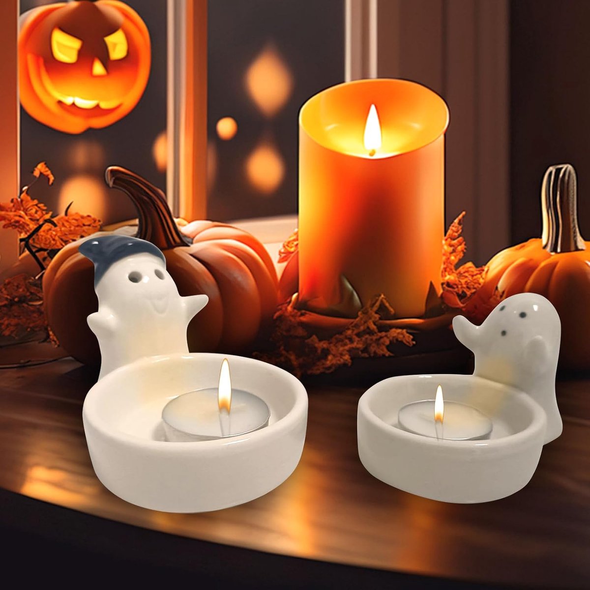 2 stuks kaarsenhouders, witte geest kaarsenhouders, geest kandelaars, Halloween geest lamp voor theelichtjes, Kerstmis, Allerheiligen, huisdecoratie, huwelijkscadeau, feest (wit)