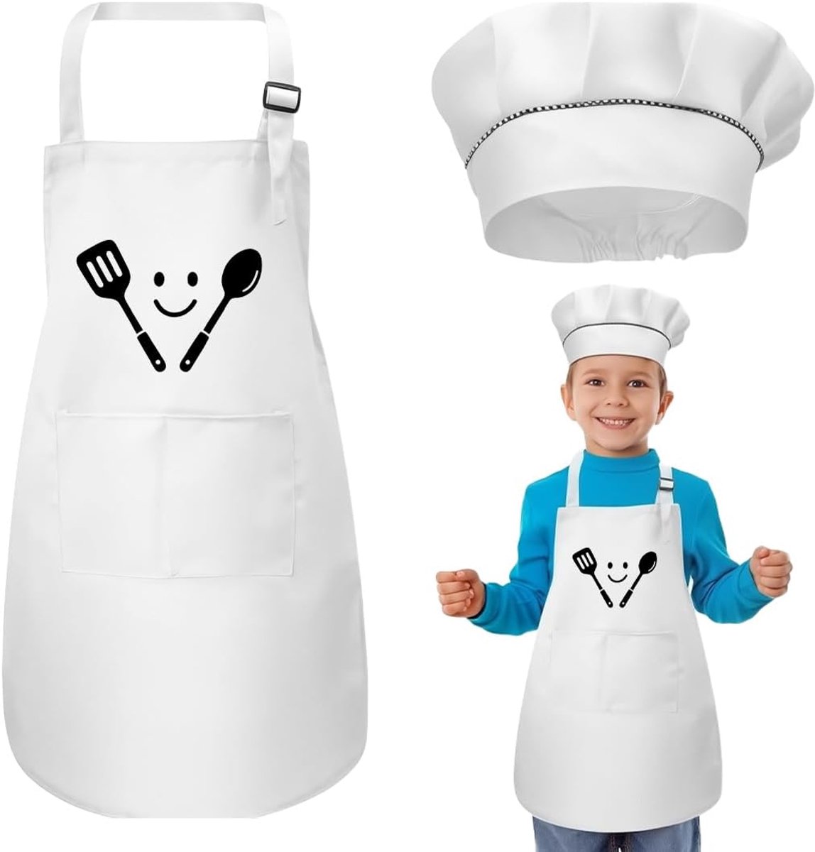 Kookmuts voor kinderen, kookschort voor kinderen, witte kinderschorten met zak, feest-keukenaccessoires, koken, bakken, gastgeschenken, keuken