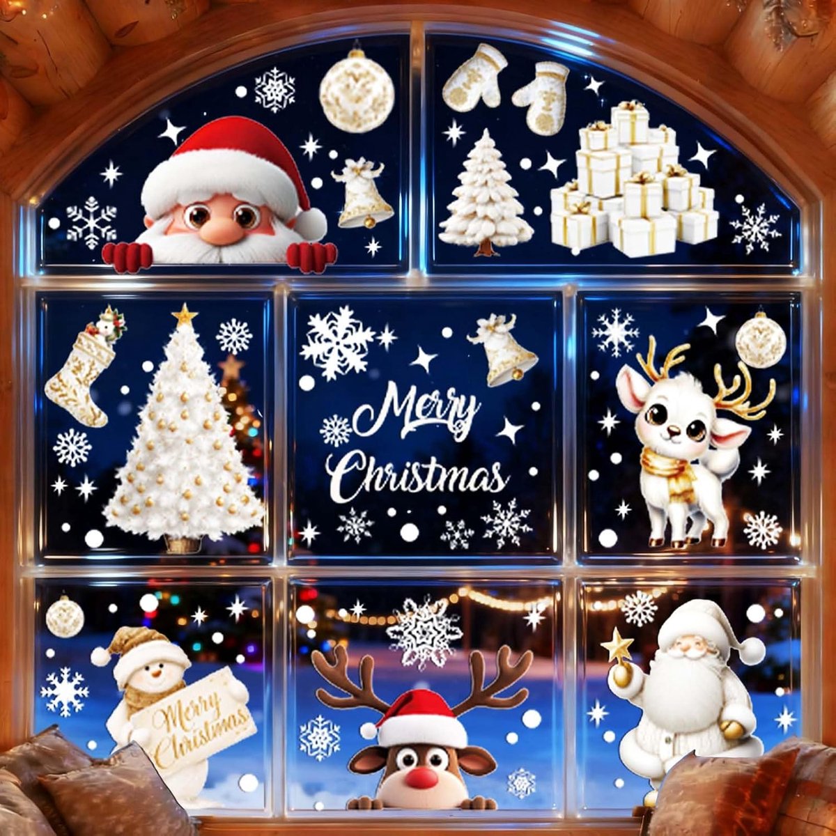 Raamstickers, kerststickers, glas, vitrines, herbruikbaar, kerstdecoratie, grote kerstdecoratie, winkel, huis, sneeuwvlok, rendier, kerstman, 9 stuks