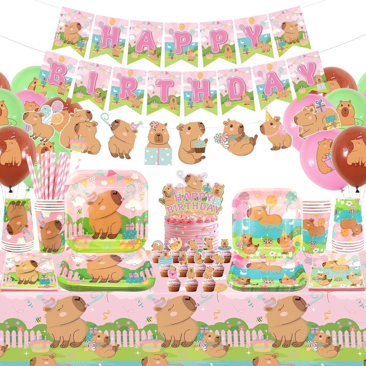 Capybara verjaardagsfeestdecoraties - Capybara feestaccessoires inclusief banner, bord, taarttopper, mok, servet, ballon, tafelkleed - voor 20 personen (LQ)
