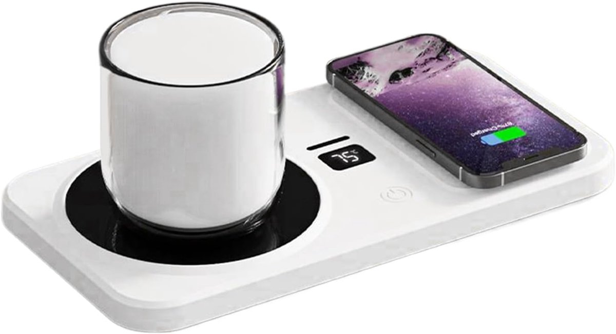 Kopjeswarmer, koffiekopjeswarmer, drankwarmer, 3 temperatuurstanden, slimme drankwarmer met draadloze telefoonoplader – voor melk, water, enz. – wit