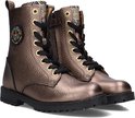 Koperkleurige leren bikerboots met zwarte veters en een ronde, multicolor pailletten applicatie op de zijkant.