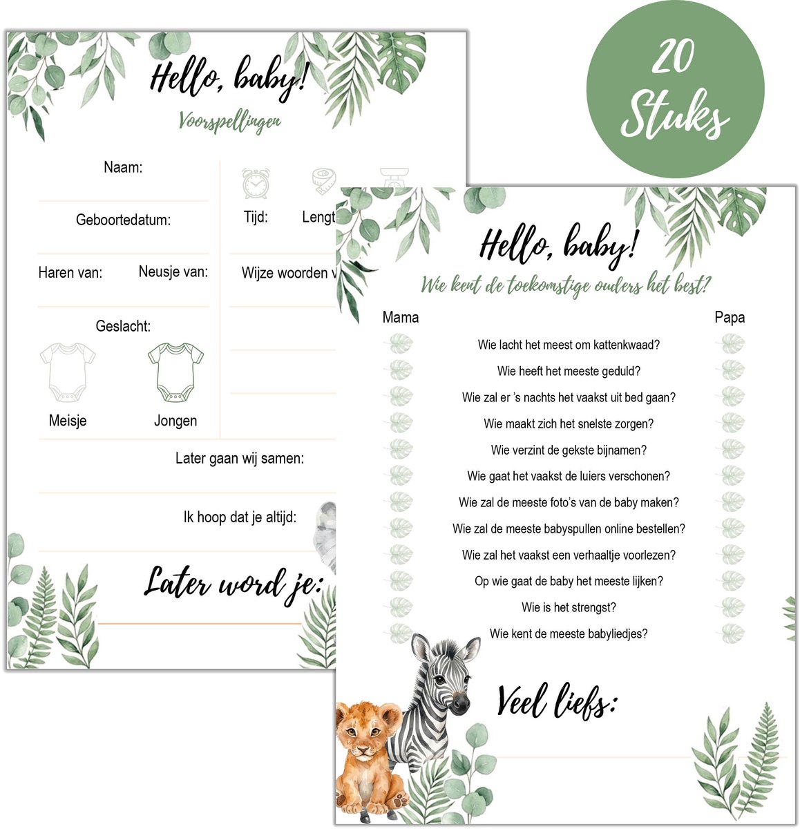 Babyshower kaartjes 20 stuks — invulkaarten - voorspellingskaarten - A6 - jongen - meisje - junglethema