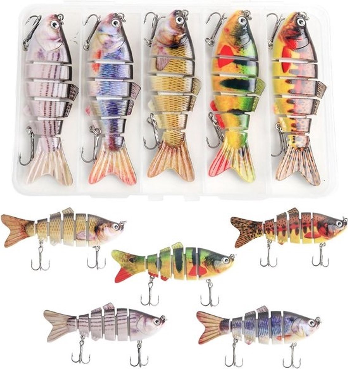 Set van 5 rubberen visjes - 8-segment-design voor snoek, baars en forel