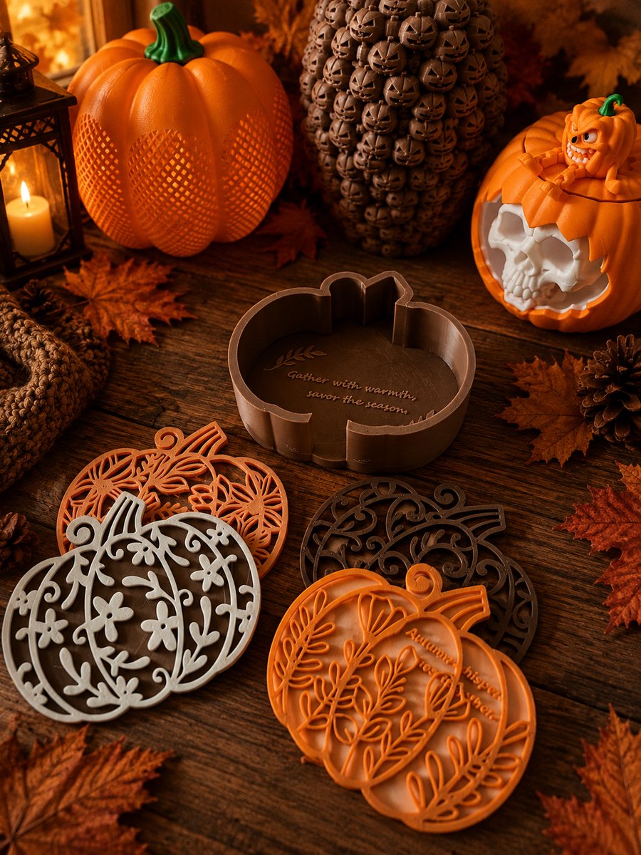 3D-geprinte Pompoen Onderzetters Set – 4 stuks + Houder | Herfst Decoratie