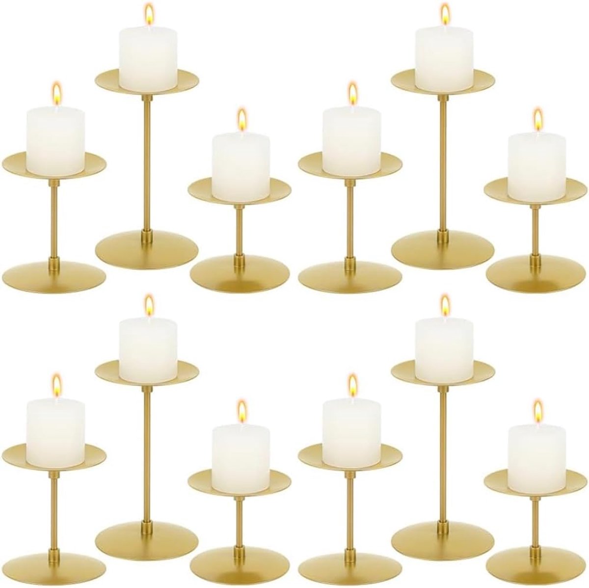 12 stuks pijler kandelaars bulks, metalen pijler kaars stand gouden ijzeren plaat tafel centerpieces indoor decoratie voor diner home decor bruiloft feest housewarming evenementen, 3 maten