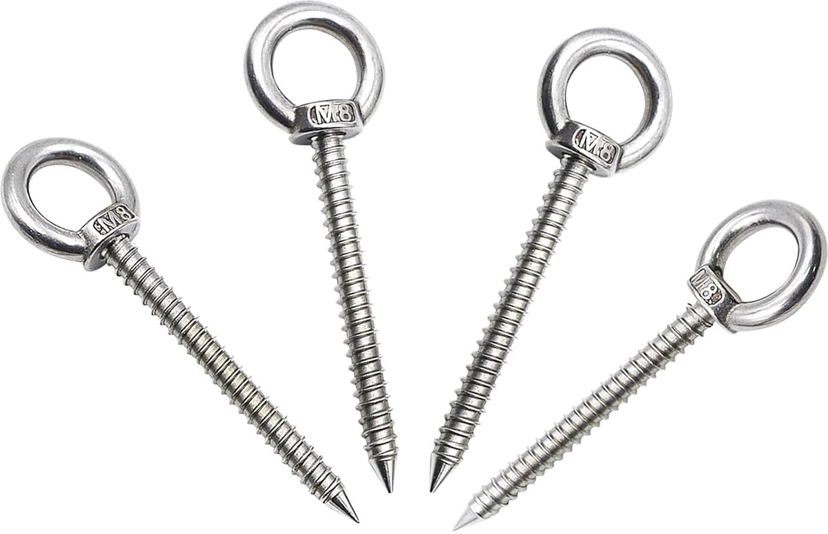 4 stuks ringschroef M 8 x 80 mm oogschroef roestvrij staal robuuste ooghaken lange schroefogen oogschroef voor hangmatten luifels hangstoelen schommelstoelen bloemenhangstoel yoga vaste kabel