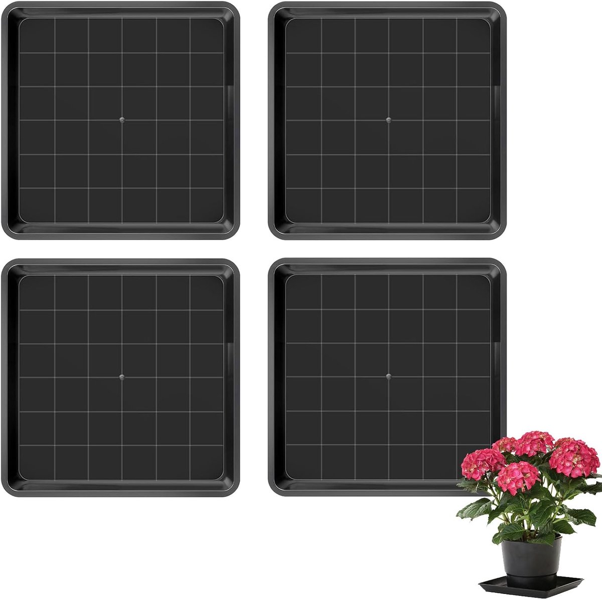 4 stuks bloempotonderzetters, rechthoekig, 30 x 30 cm, onderzetters, bloempot, kunststof, plantenbak, vierkante plantenbak voor binnen en buiten, zwart