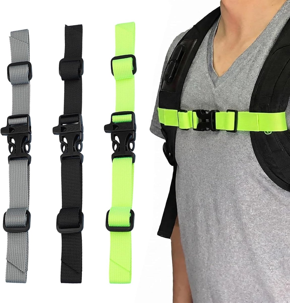 Banden voor rugzak, antislip, verstelbare borstband, 28 x 2 cm, voor bevestiging van de schouderbanden, ideaal voor joggen, wandelen, reizen (neongroen, grijs, zwart)