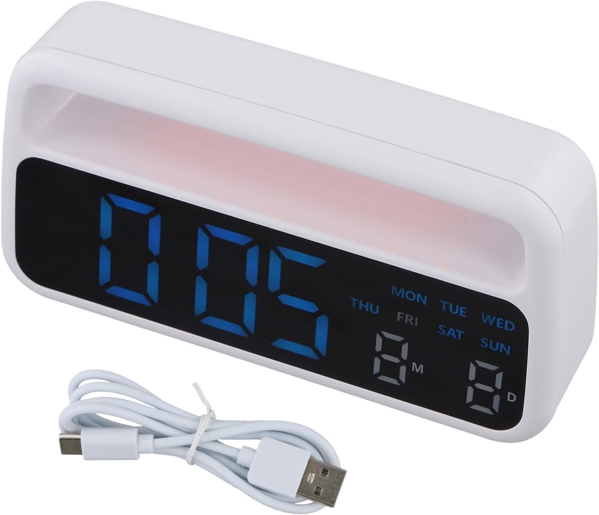 Led-wekker, dubbel alarm, nachttafelklok, 3 helderheidsniveaus, 8 lichtkleuren, snooze, 12/24 uur, datum en dag op het scherm, voor slaapkamer, USB/type C, DST