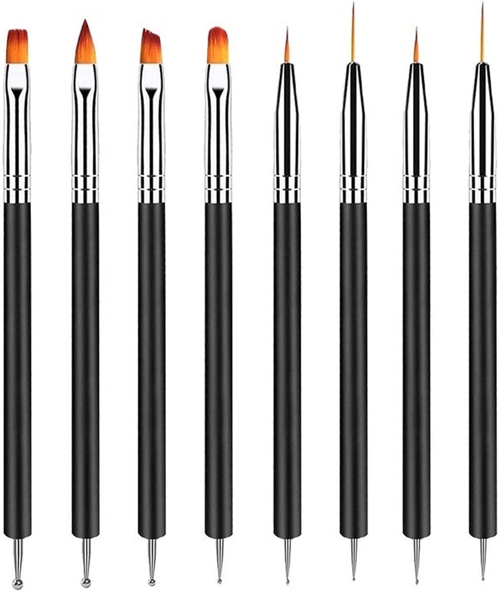8 penselen voor gelnagels, dubbele punten, nail-art-penseel met leestekening, voor knutselen en decoreren (zwart)
