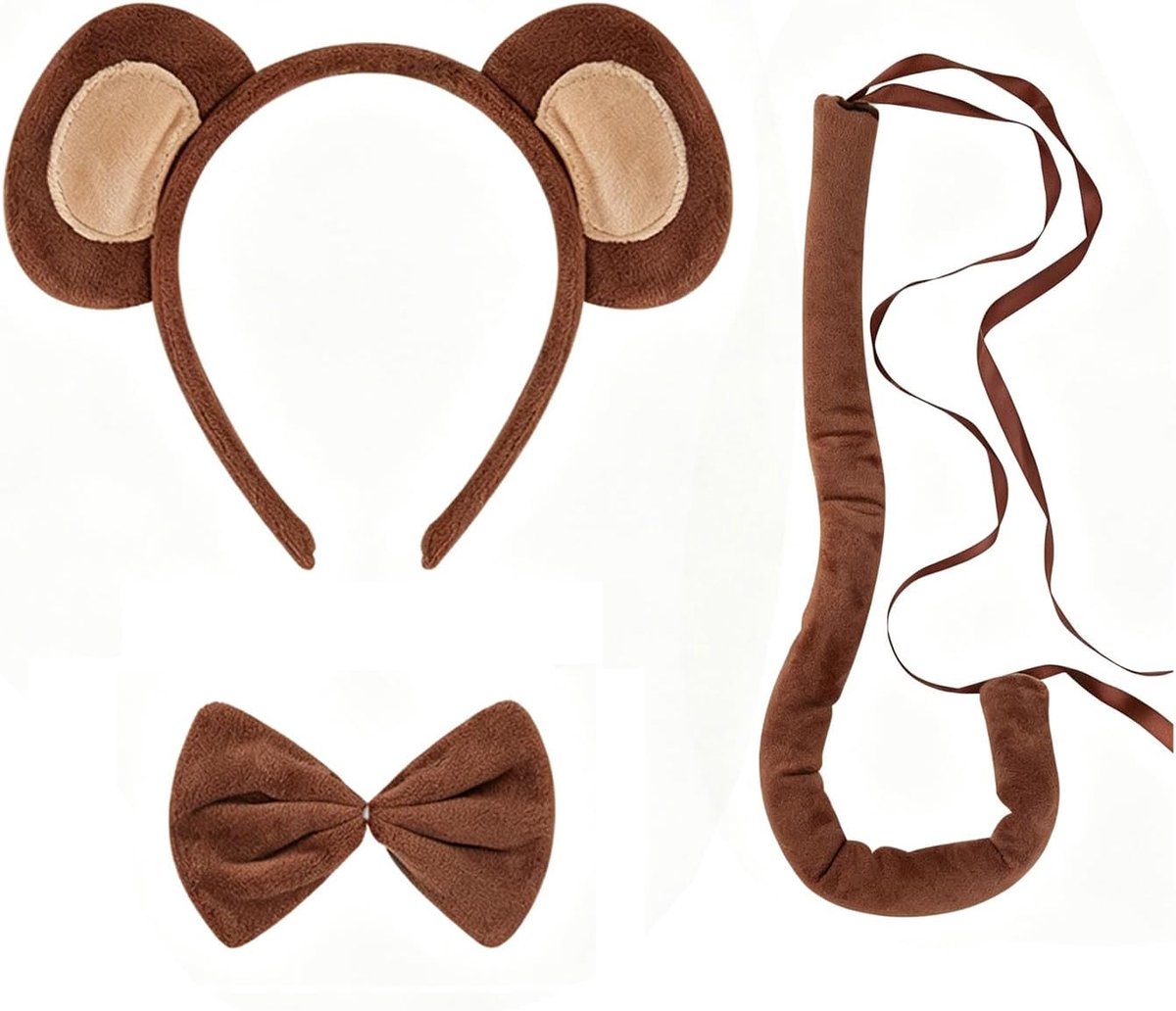 3-Delig Schattig Aapkostuum, Knuffelhoofdband, Zachte Staart En Vlinderdas, Dierenshowkostuum, Rollenspelaccessoires.