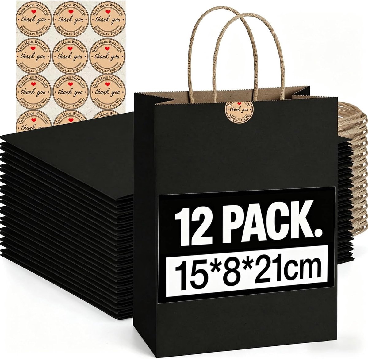 Cadeauzakjes met handvat, kleine papieren zakken met stickers, 130 g/m² kraftpapieren zakken, feestzakjes voor winkelen, bruiloften, verpakkingen, feesten, verjaardagen, Kerstmis, Halloween (zwart)
