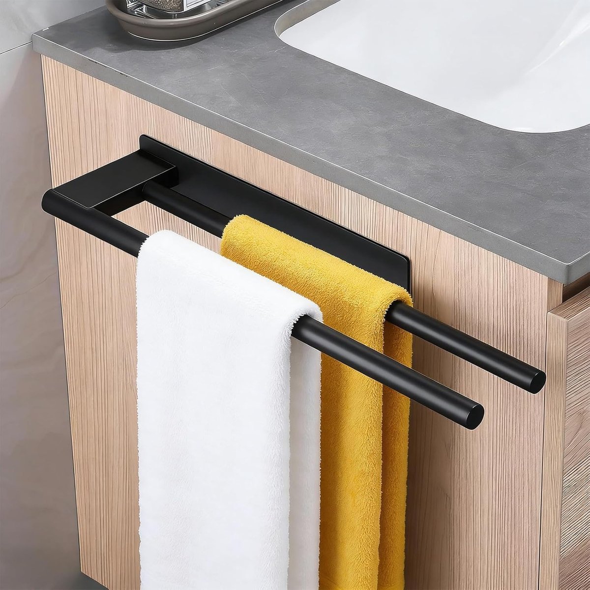 Handdoekhouder zonder boren, zwart, dubbele roestvrijstalen handdoekstang, twee-armige badhanddoekhouder, zelfklevend, 39 cm, met 2 stickers voor keuken en badkamer, wandmontage