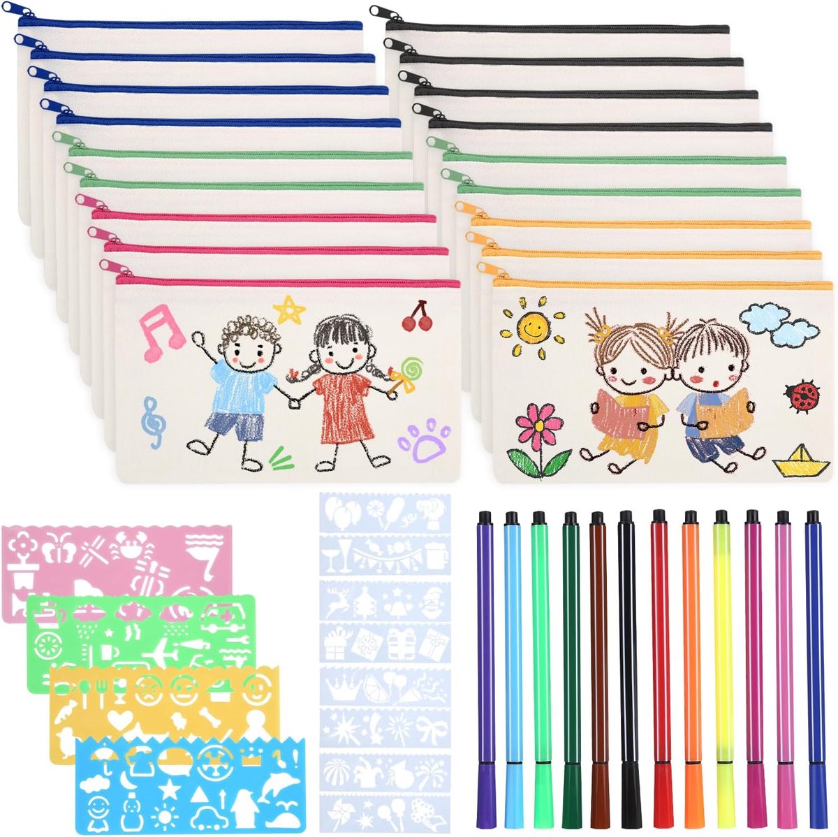 18 stuks DIY stoffen etui om te beschilderen, canvas mapjes incl. 12 kleurpotloden en 12 schildersjablonen - perfect voor het knutselen van kinderverjaardag, gastgeschenk en creativiteit
