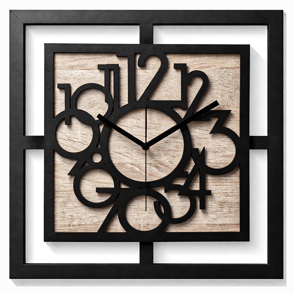 Handgemaakte Grote Houten Wandklok – Modern Minimalistisch Design, Vierkante Vorm, Leesbare Cijfers, Geruisloos, Zonder Tikkend Geluid – Voor Woonkamer, Slaapkamer, Keuken – Unieke Wanddecoratie, Industrieel Design & Stil Uurwerk,zwart- sonoma hout