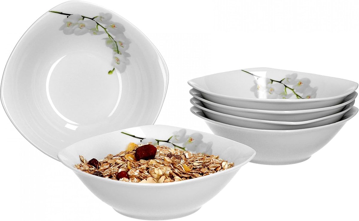 Well Vanda Witte orchidee set van 6 mueslikommen, soepkom, kleine schaal, Ø 14,3 cm, 300 ml, bloemendecoratie, edel merkporselein