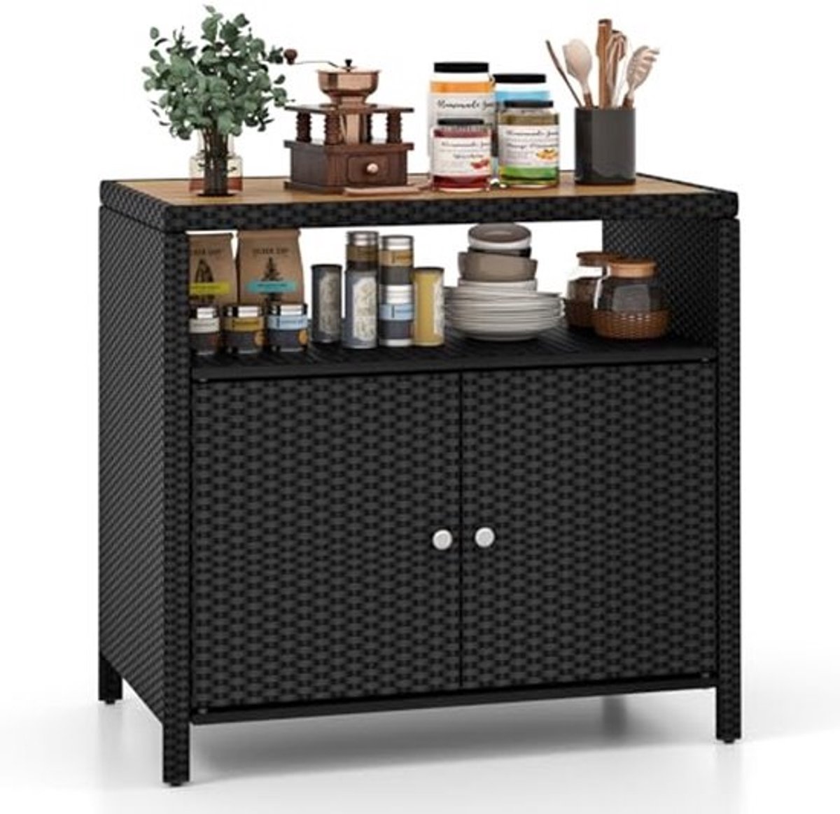 Rattan Tuinkast met Werkblad en Plank, Opbergmeubel voor Tuin, Balkon en Zwembad, 90 x 53 x 86 cm