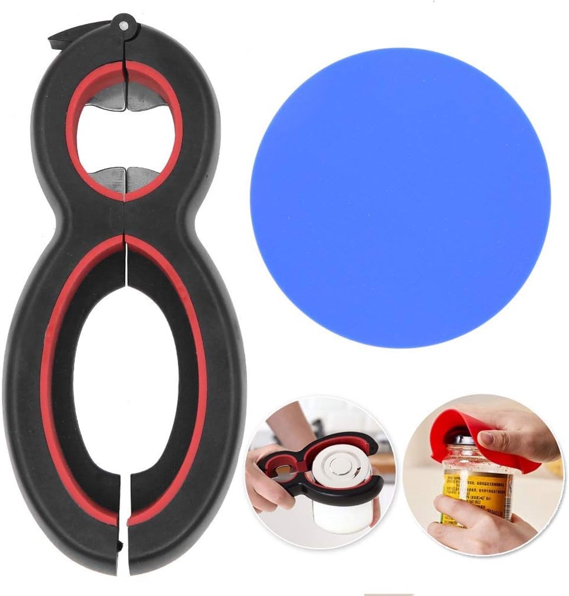 Flesopener met siliconen potgrijper, 6-in-1 bierflesopener en antislipopener, dekselverwijderaar voor zwakke handen/senioren/artritis/keuken/camping