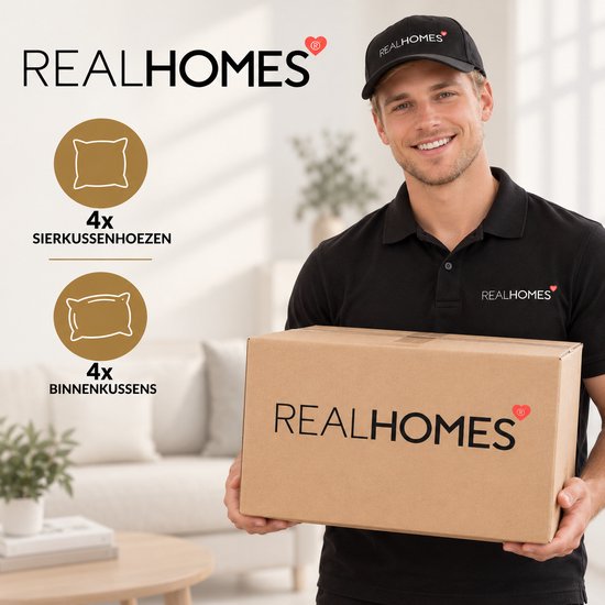 Bezorging van 4 sierkussens en 4 binnenkussens in een Realhomes doos door een bezorger.