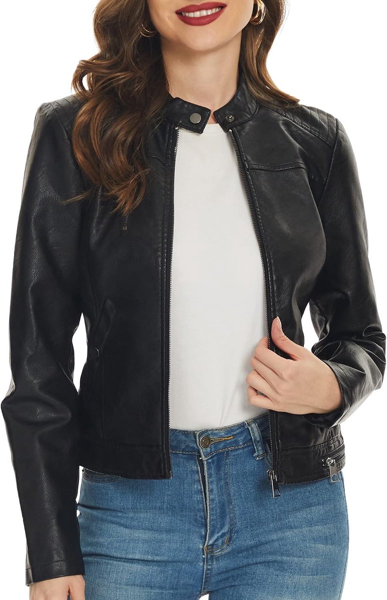 Zwarte Faux Lederen Jassen Voor Vrouwen Motorfiets PU Moto Biker Uitloper Jas