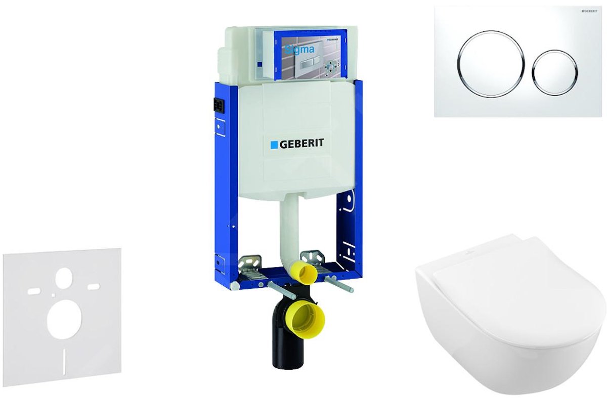 Toiletset met Sigma20 bedieningsplaat, wit/glanzend chroom + Villeroy Boch hangend toilet en wc bril, SoftClose, DirectFlush, CeramicPlus
