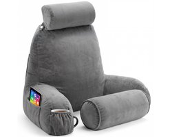 Leeskussen voor in bed - Met 4 opbergvakken - Rugkussen voor onderrug - Bookseat voor bank - Grijs - Soft & Silky
